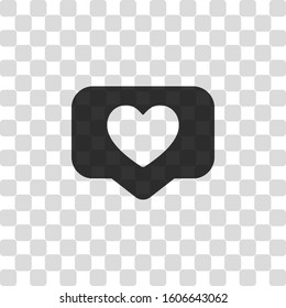 Like icon, heart in notification cloud, social symbol. Black symbol on transparency grid