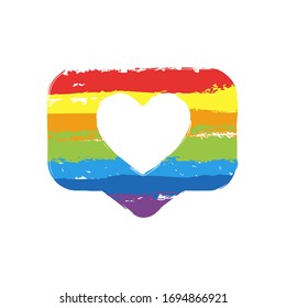 Like icon, heart in notification cloud, social symbol. Drawing sign with LGBT style, seven colors of rainbow (red, orange, yellow, green, blue, indigo, violet