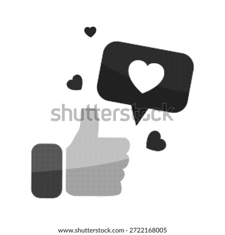 Like icon with heart speech bubble in black and white halftone style. Social media reaction symbols showing love, approval and engagement, minimal modern graphic design isolated on white background.