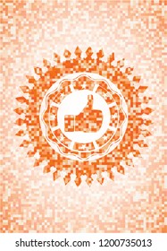 like icon inside abstract emblem, orange mosaic background