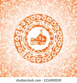like icon inside abstract emblem, orange mosaic background