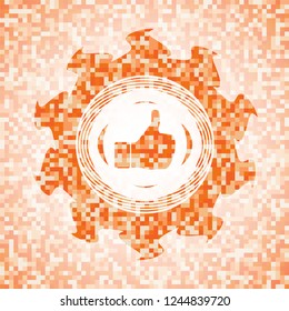 like icon inside abstract emblem, orange mosaic background