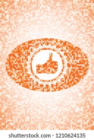 like icon inside abstract orange mosaic emblem with background