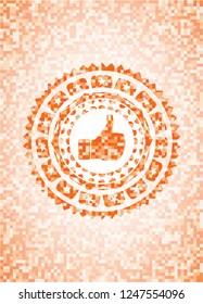 like icon inside abstract orange mosaic emblem