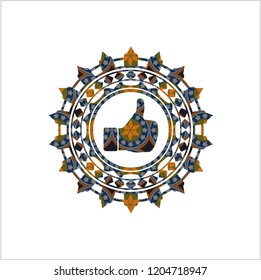 like icon inside arabic badge. Arabesque decoration.