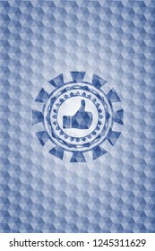 like icon inside blue badge with geometric pattern.