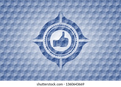 like icon inside blue badge with geometric pattern.