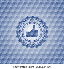 like icon inside blue badge with geometric pattern background. 