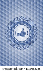 like icon inside blue emblem or badge with abstract geometric pattern background.