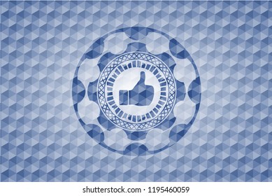 like icon inside blue emblem with geometric pattern background.