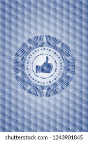 like icon inside blue emblem with geometric background.