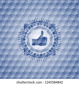 like icon inside blue emblem or badge with geometric pattern background.