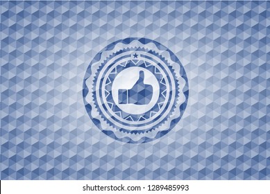 like icon inside blue emblem or badge with abstract geometric pattern background.