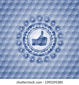 like icon inside blue emblem or badge with abstract geometric polygonal pattern background.