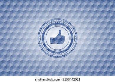 like icon inside blue emblem or badge with abstract geometric polygonal pattern background. 