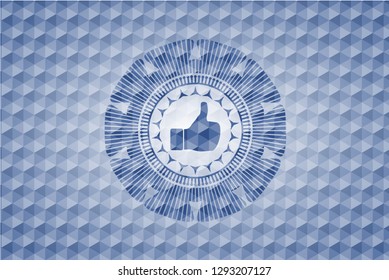 like icon inside blue hexagon badge.