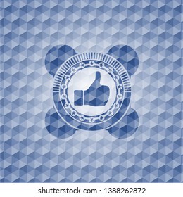 like icon inside blue hexagon badge.