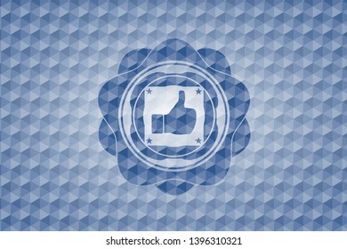 like icon inside blue hexagon emblem.
