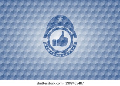 like icon inside blue hexagon badge.