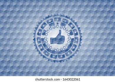 like icon inside blue hexagon emblem.