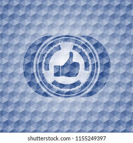 like icon inside blue polygonal emblem.