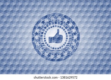 like icon inside blue polygonal emblem.