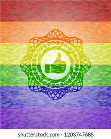 like icon inside emblem on mosaic background with the colors of the LGBT flag