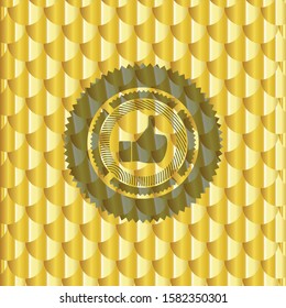 like icon inside gold emblem or badge. Scales pattern. Vector Illustration. Detailed.