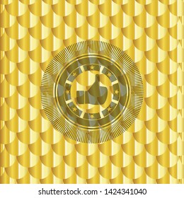 like icon inside gold shiny badge. Scales pattern. Vector Illustration. Detailed.
