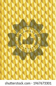 like icon inside gold shiny badge. Scales pattern. Vector Illustration. Detailed. 