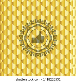 like icon inside golden emblem or badge. Scales pattern. Vector Illustration. Detailed.