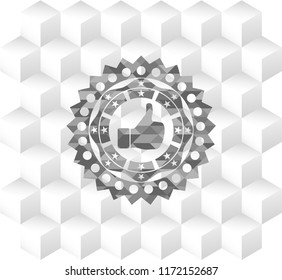 like icon inside grey badge with geometric cube white background