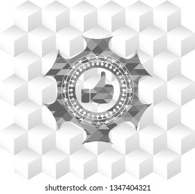 like icon inside grey badge with geometric cube white background