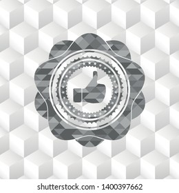 like icon inside grey badge with geometric cube white background
