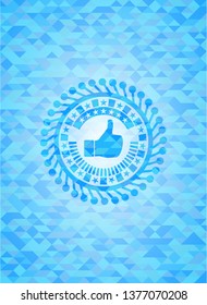 like icon inside light blue emblem with triangle mosaic background