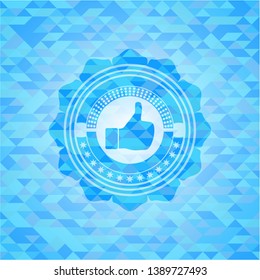 like icon inside light blue emblem with mosaic ecological style background