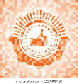 like icon inside orange tile background illustration. Square geometric mosaic seamless pattern with emblem inside.