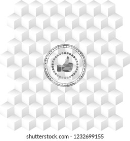 like icon inside realistic grey emblem with geometric cube white background