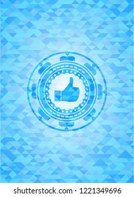 like icon inside realistic light blue emblem. Mosaic background