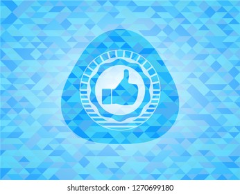 like icon inside realistic light blue emblem. Mosaic background