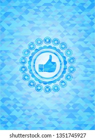 like icon inside realistic light blue mosaic emblem