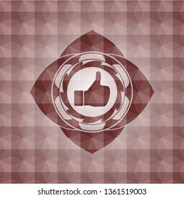 like icon inside red emblem or badge with abstract geometric pattern background. Seamless.