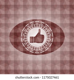like icon inside red seamless emblem with geometric pattern.