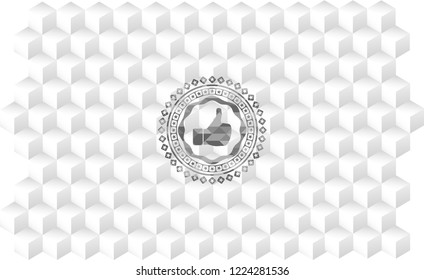 like icon inside retro style grey emblem with geometric cube white background