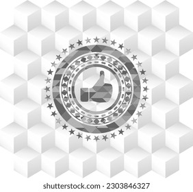 like icon inside retro style grey emblem with geometric cube white background. 