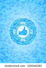 like icon inside sky blue emblem. Mosaic background