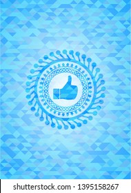 like icon inside sky blue emblem with mosaic ecological style background