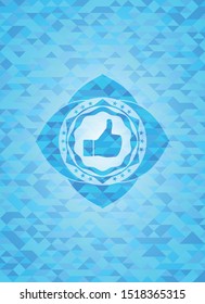like icon inside sky blue emblem with triangle mosaic background
