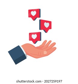 Como un icono. Me gustan los pines rojos. Concepto de redes sociales con icono web. La mano humana sostiene un corazón. Diseño plano de ilustración vectorial. Aislado sobre fondo blanco. Opinión positiva.