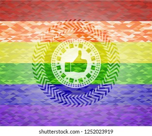 like icon on mosaic background with the colors of the LGBT flag